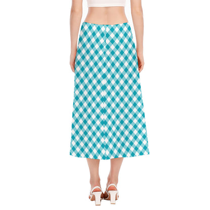 Teal And White Gingham Pattern Print Side Slit Midi Skirt