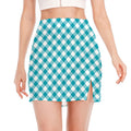 Teal And White Gingham Pattern Print Side Slit Mini Skirt