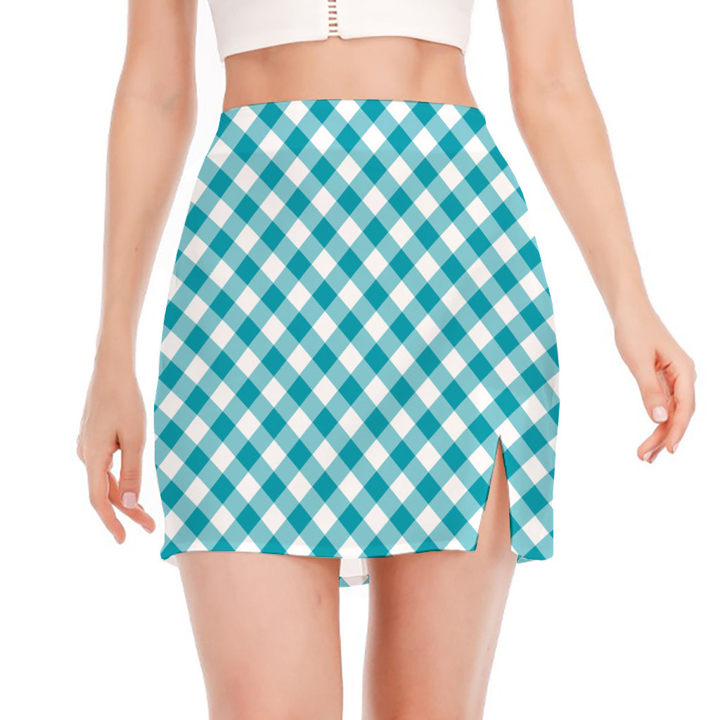Teal And White Gingham Pattern Print Side Slit Mini Skirt