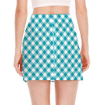 Teal And White Gingham Pattern Print Side Slit Mini Skirt