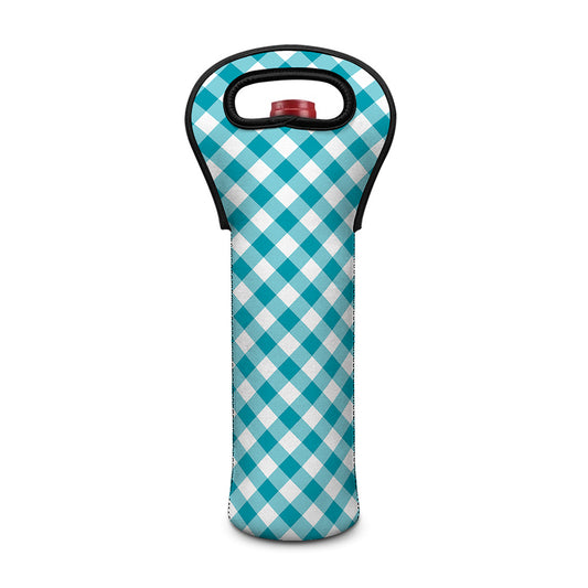 Teal And White Gingham Pattern Print Single Neoprene Wine Tote