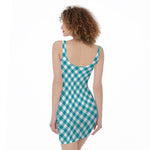 Teal And White Gingham Pattern Print Sleeveless Bodycon Dress
