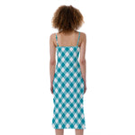 Teal And White Gingham Pattern Print Slim Fit Midi Cami Dress