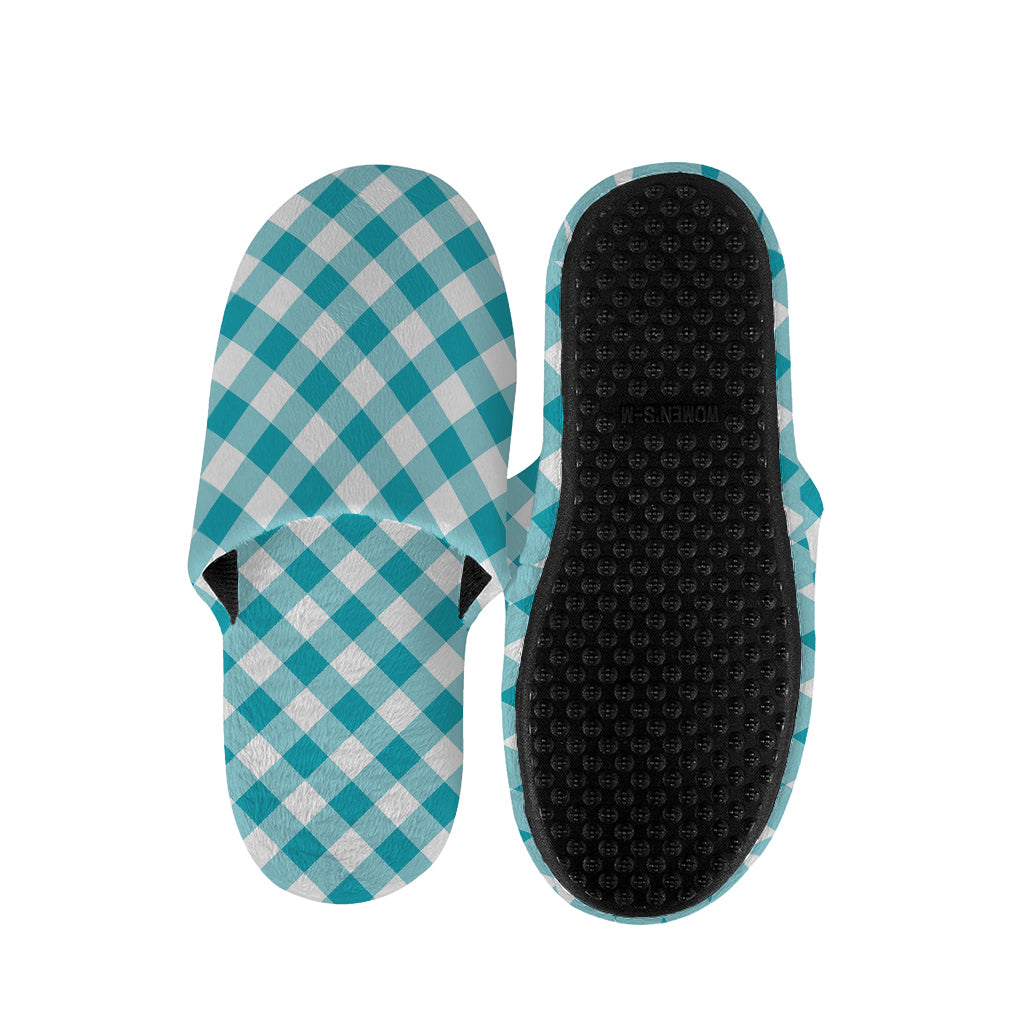 Teal And White Gingham Pattern Print Slippers