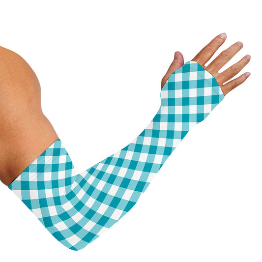 Teal And White Gingham Pattern Print Sun Protection Arm Sleeves