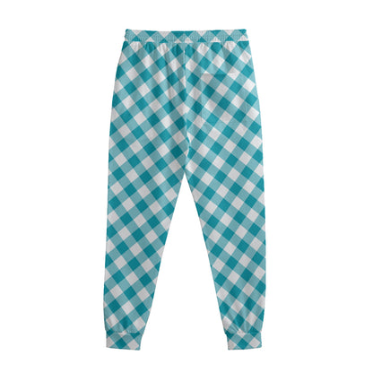 Teal And White Gingham Pattern Print Sweatpants