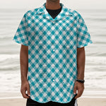 Teal And White Gingham Pattern Print Textured Short Sleeve Shirt