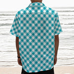 Teal And White Gingham Pattern Print Textured Short Sleeve Shirt