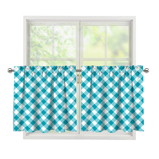 Teal And White Gingham Pattern Print Tier Curtains