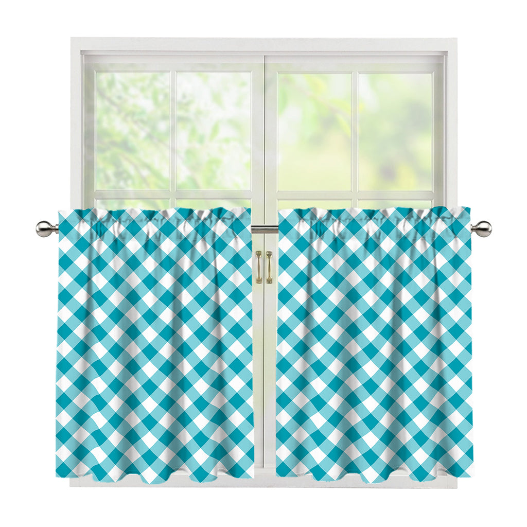 Teal And White Gingham Pattern Print Tier Curtains