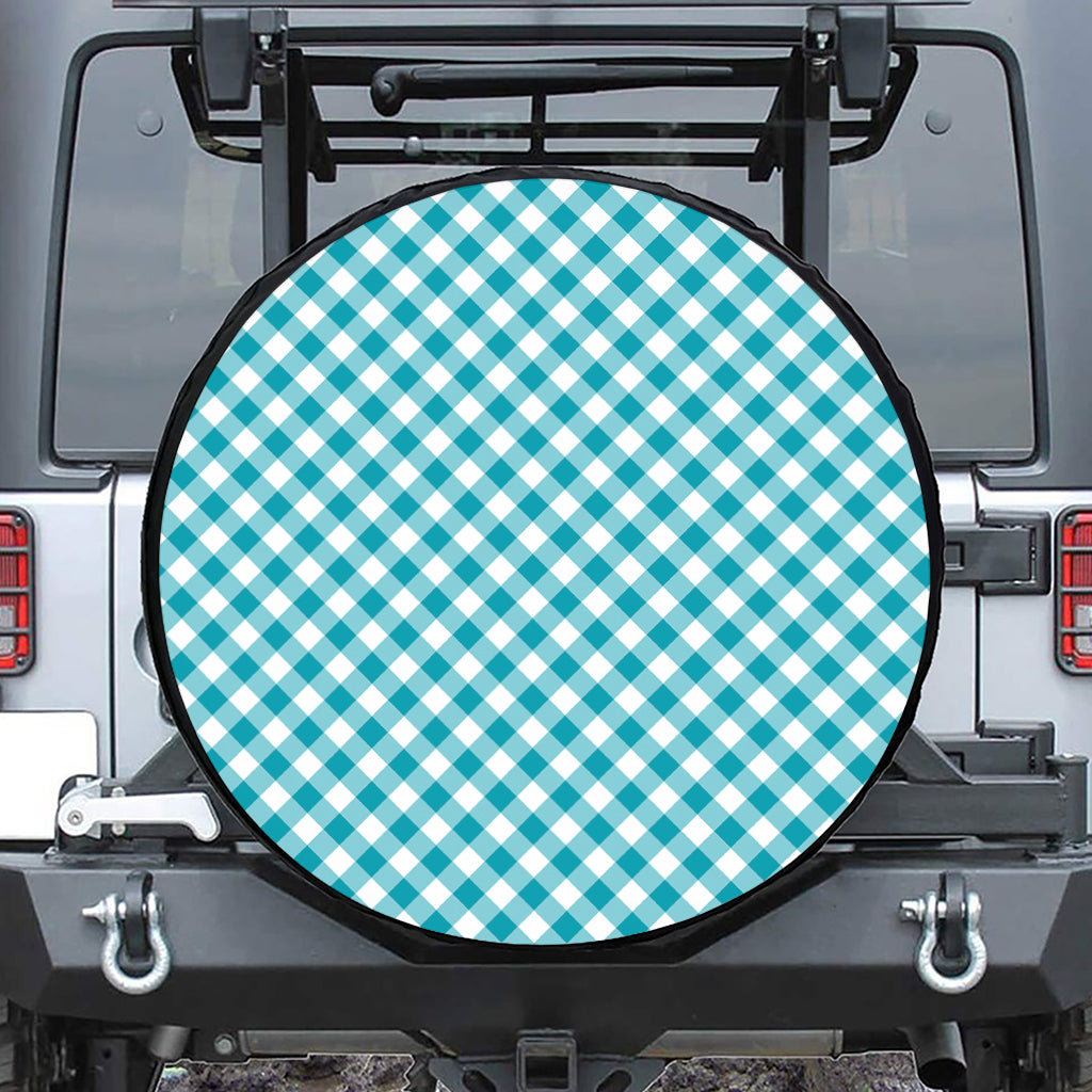 Teal And White Gingham Pattern Print Tire Cover