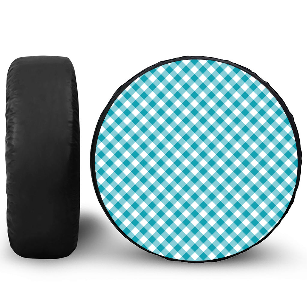 Teal And White Gingham Pattern Print Tire Cover