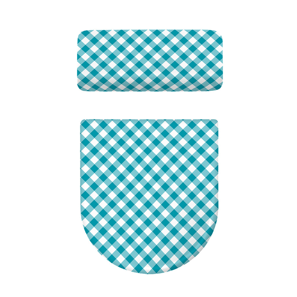 Teal And White Gingham Pattern Print Toilet Lid And Tank Cover Set