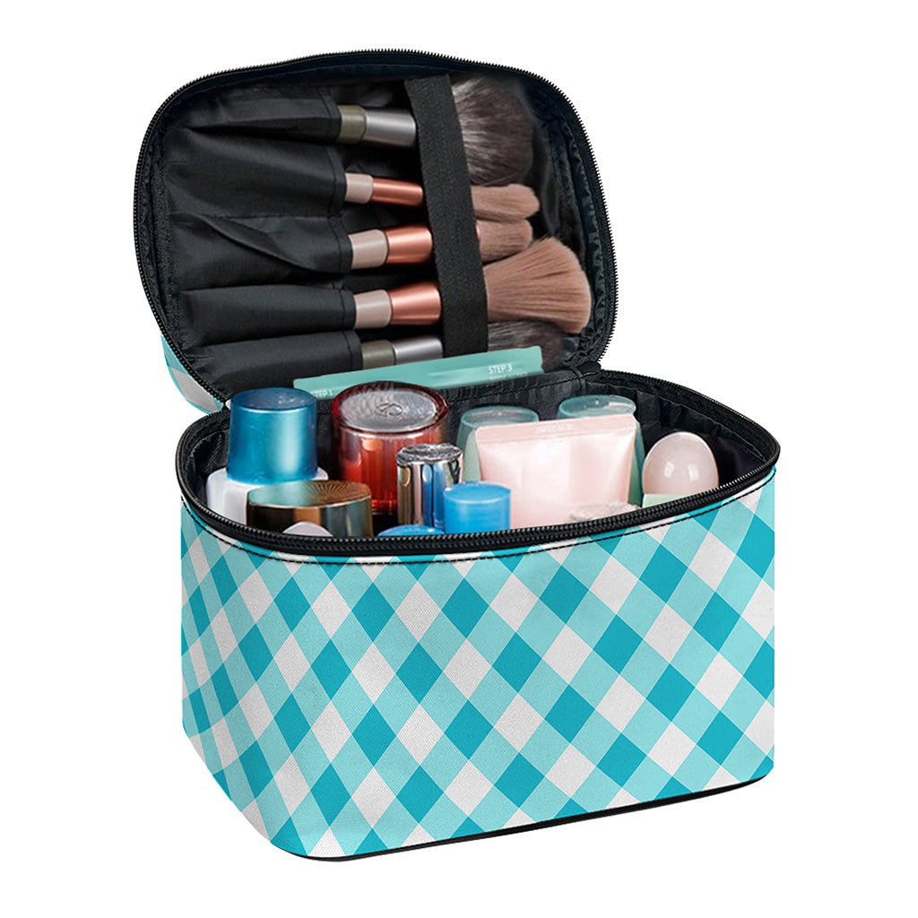 Teal And White Gingham Pattern Print Travel Makeup Bag