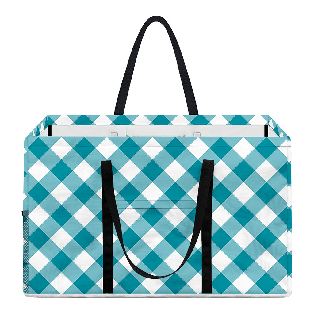 Teal And White Gingham Pattern Print Utility Tote Bag