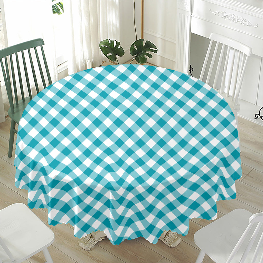 Teal And White Gingham Pattern Print Waterproof Round Tablecloth