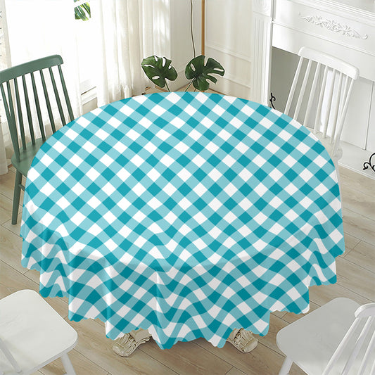 Teal And White Gingham Pattern Print Waterproof Round Tablecloth