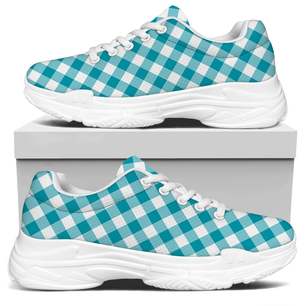 Teal And White Gingham Pattern Print White Chunky Shoes