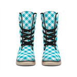 Teal And White Gingham Pattern Print Winter Boots