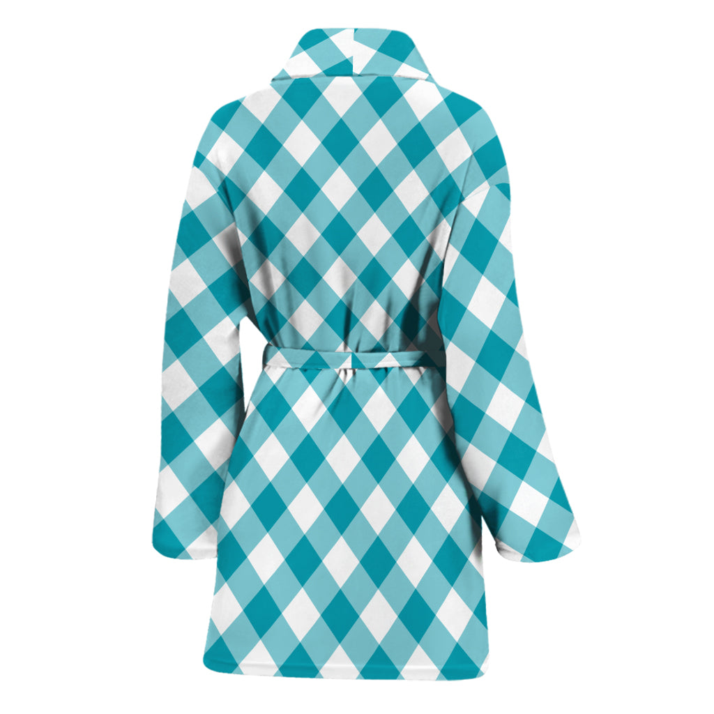 Teal And White Gingham Pattern Print Women's Bathrobe
