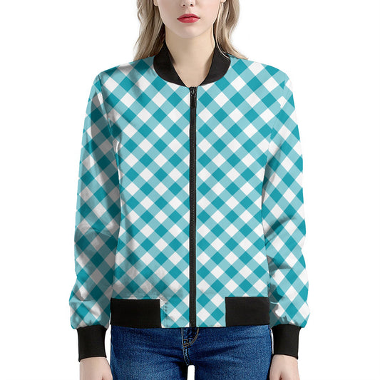 Teal And White Gingham Pattern Print Women's Bomber Jacket