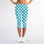 Teal And White Gingham Pattern Print Women's Capri Leggings
