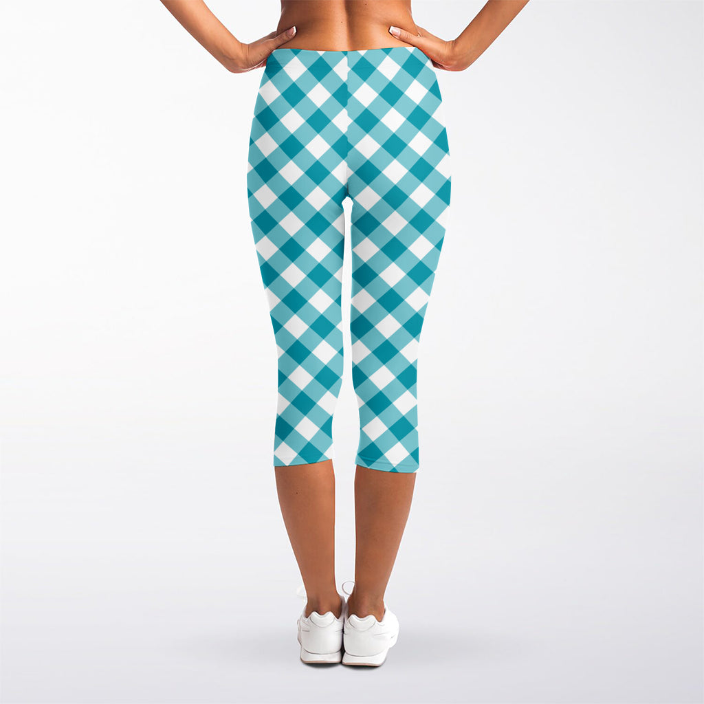 Teal And White Gingham Pattern Print Women's Capri Leggings