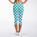 Teal And White Gingham Pattern Print Women's Capri Leggings