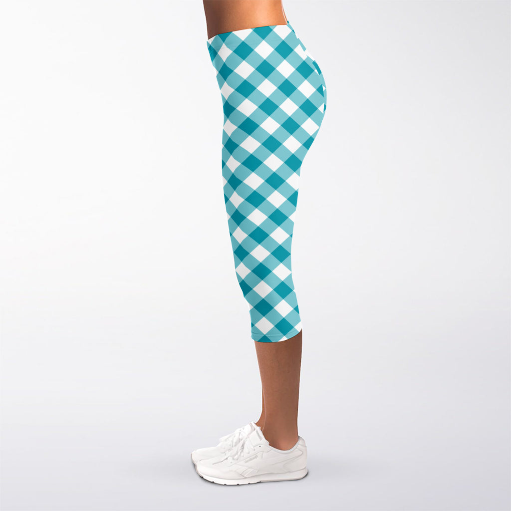 Teal And White Gingham Pattern Print Women's Capri Leggings