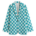 Teal And White Gingham Pattern Print Women's Cotton Blazer