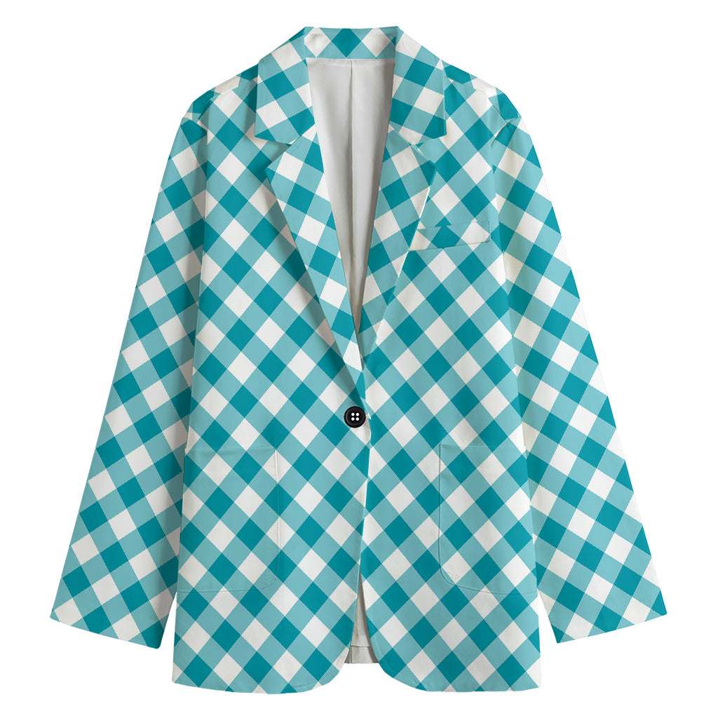 Teal And White Gingham Pattern Print Women's Cotton Blazer