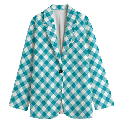 Teal And White Gingham Pattern Print Women's Cotton Blazer