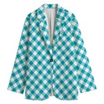 Teal And White Gingham Pattern Print Women's Cotton Blazer
