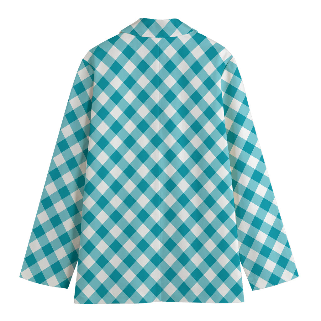 Teal And White Gingham Pattern Print Women's Cotton Blazer