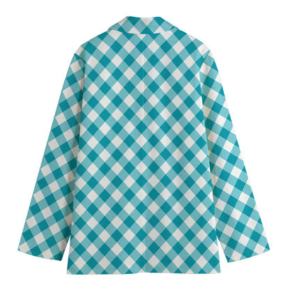 Teal And White Gingham Pattern Print Women's Cotton Blazer