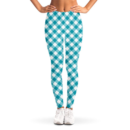 Teal And White Gingham Pattern Print Women's Leggings