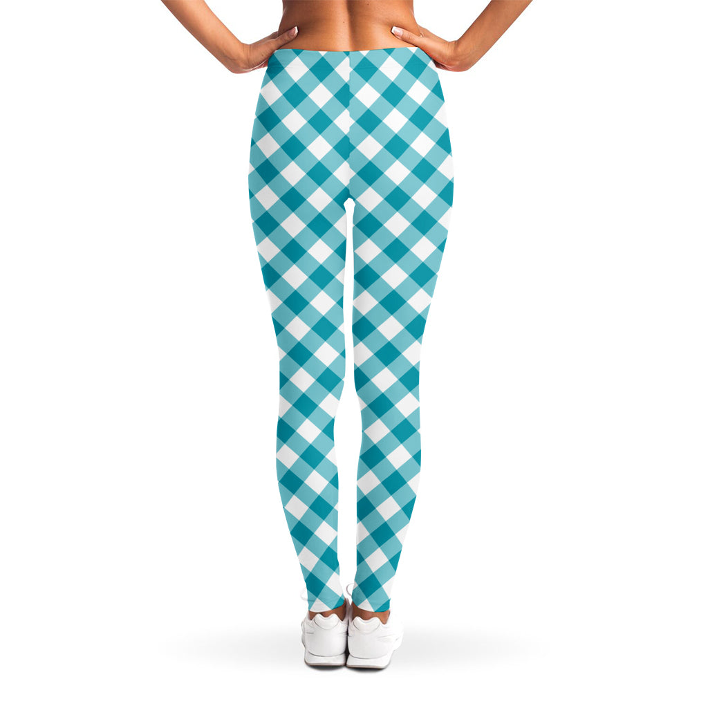 Teal And White Gingham Pattern Print Women's Leggings