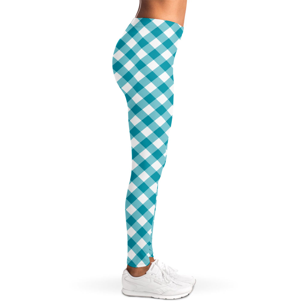 Teal And White Gingham Pattern Print Women's Leggings