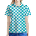 Teal And White Gingham Pattern Print Women's Polo Shirt
