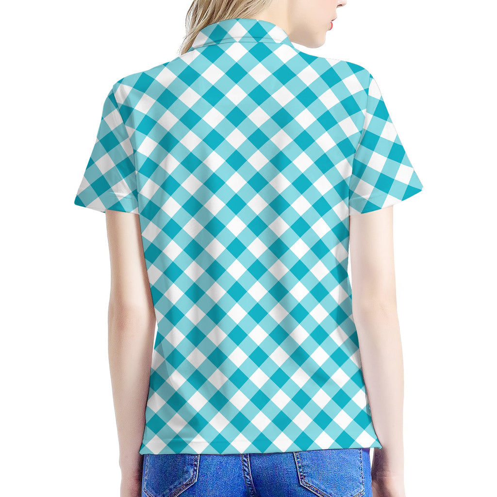 Teal And White Gingham Pattern Print Women's Polo Shirt