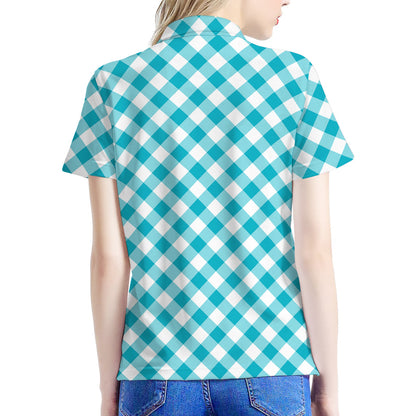 Teal And White Gingham Pattern Print Women's Polo Shirt
