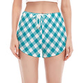 Teal And White Gingham Pattern Print Women's Split Running Shorts