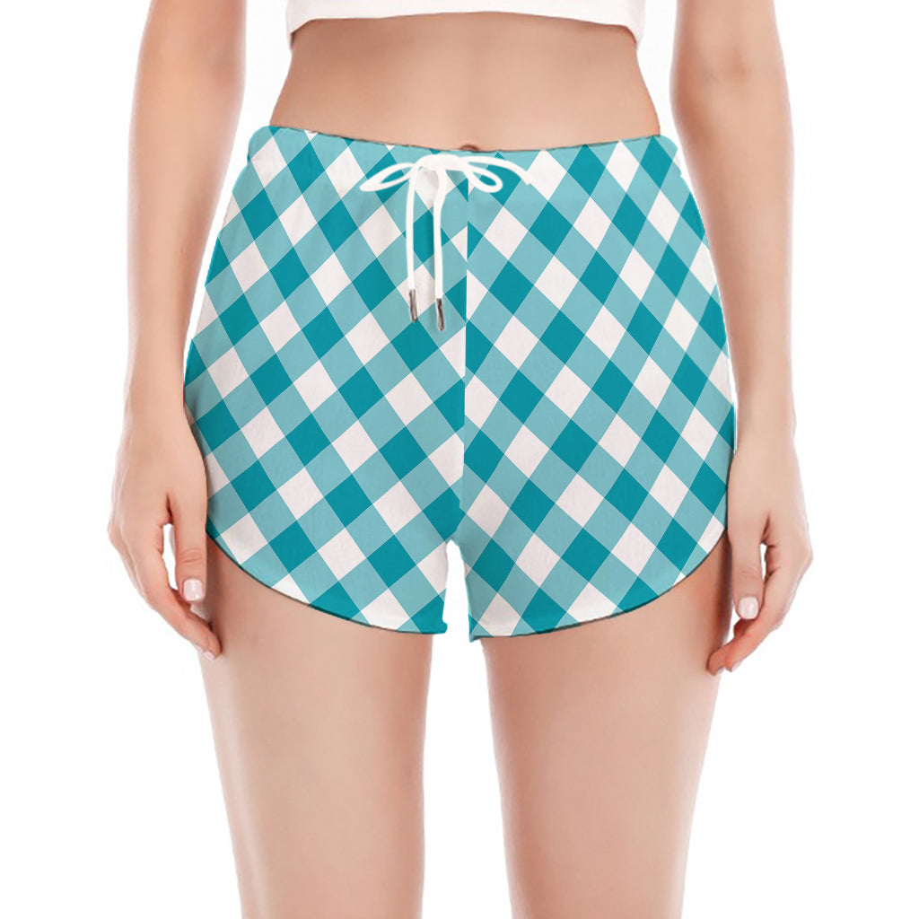 Teal And White Gingham Pattern Print Women's Split Running Shorts