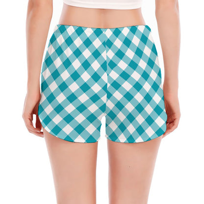Teal And White Gingham Pattern Print Women's Split Running Shorts