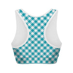 Teal And White Gingham Pattern Print Women's Sports Bra