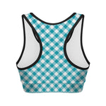 Teal And White Gingham Pattern Print Women's Sports Bra