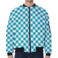 Teal And White Gingham Pattern Print Zip Sleeve Bomber Jacket