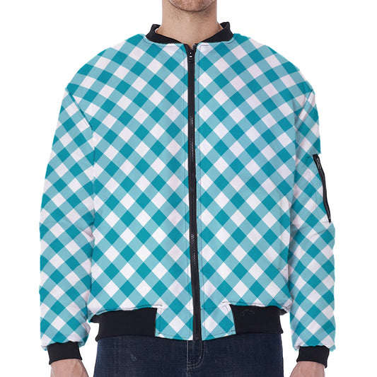 Teal And White Gingham Pattern Print Zip Sleeve Bomber Jacket