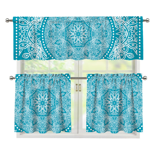 Teal And White Mandala Print 3 Piece Kitchen Curtains