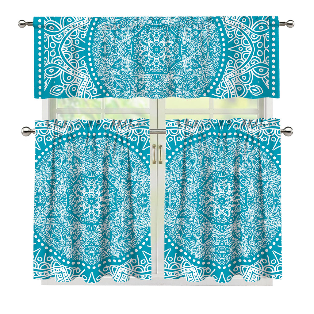 Teal And White Mandala Print 3 Piece Kitchen Curtains